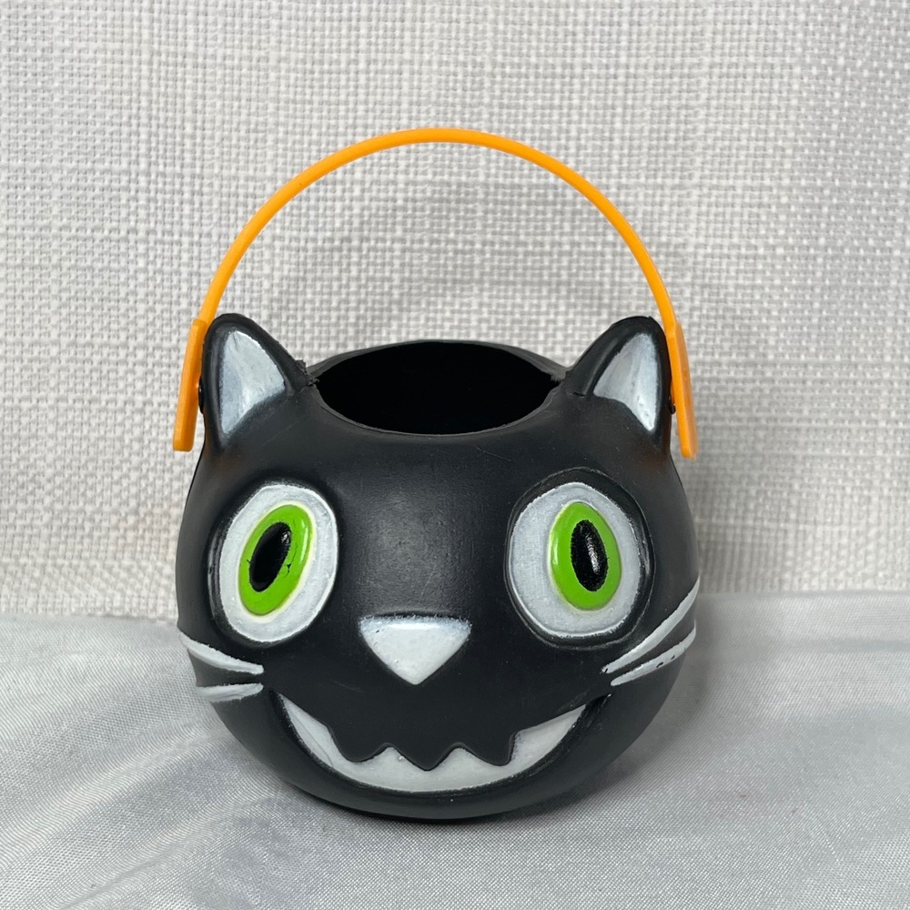 Vintage Style Black Cat Halloween Mini Candy Bucket Pail Green Eyes Orange Handl